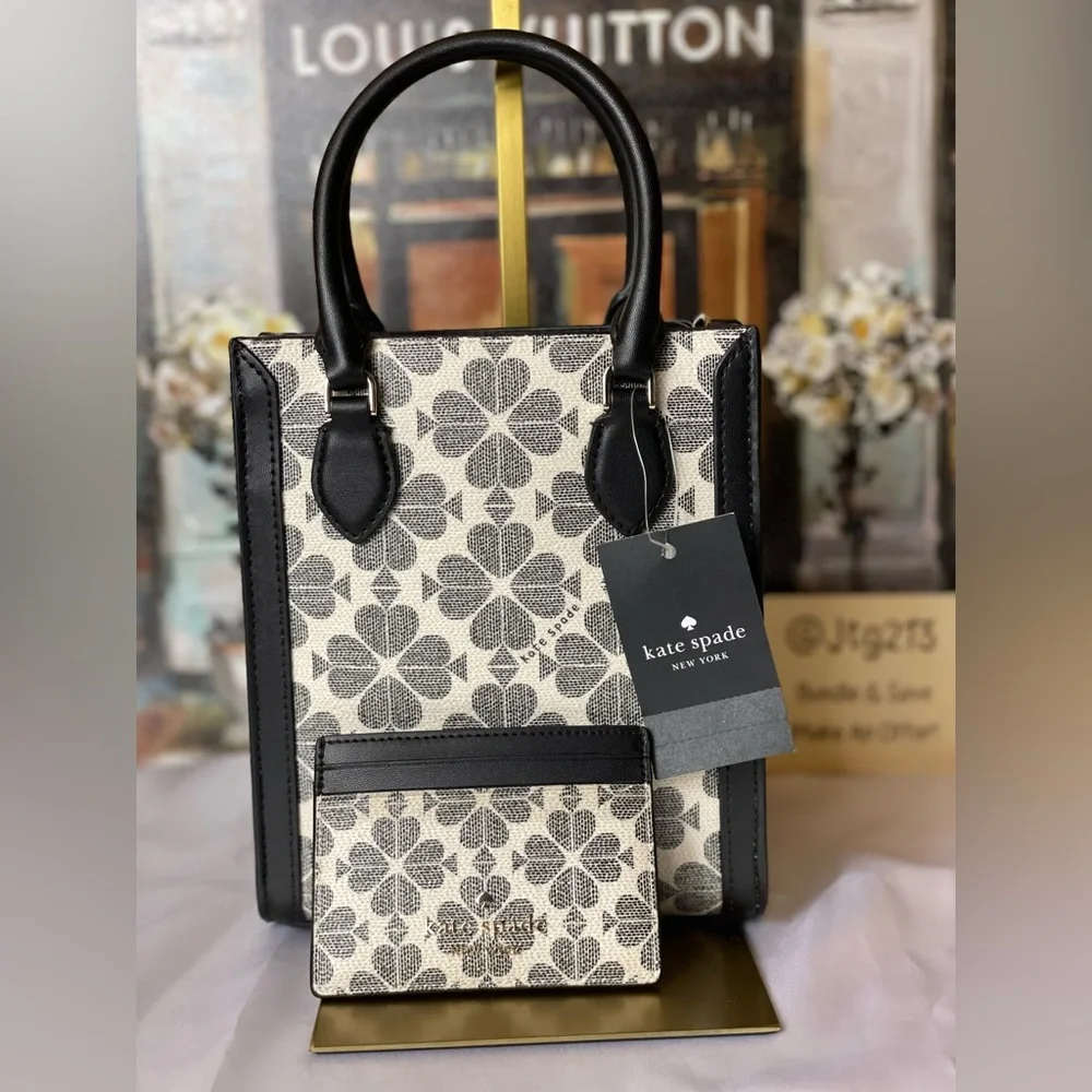 NWT Kate Spade Spade Flower Mini Tote + Cardholder Set | Black Multi - Picture 3 of 7